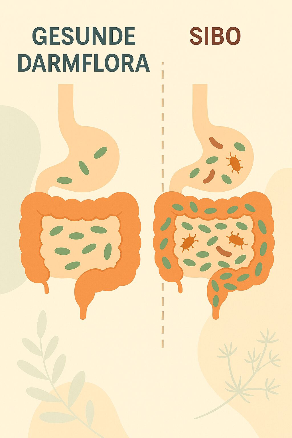 Infografik: Gesunde Darmflora vs. SIBO – Was passiert im Dünndarm?