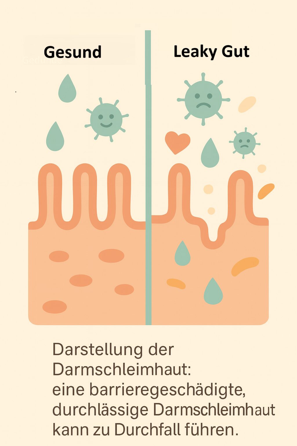 Vergleich gesunde Darmschleimhaut und Leaky Gut