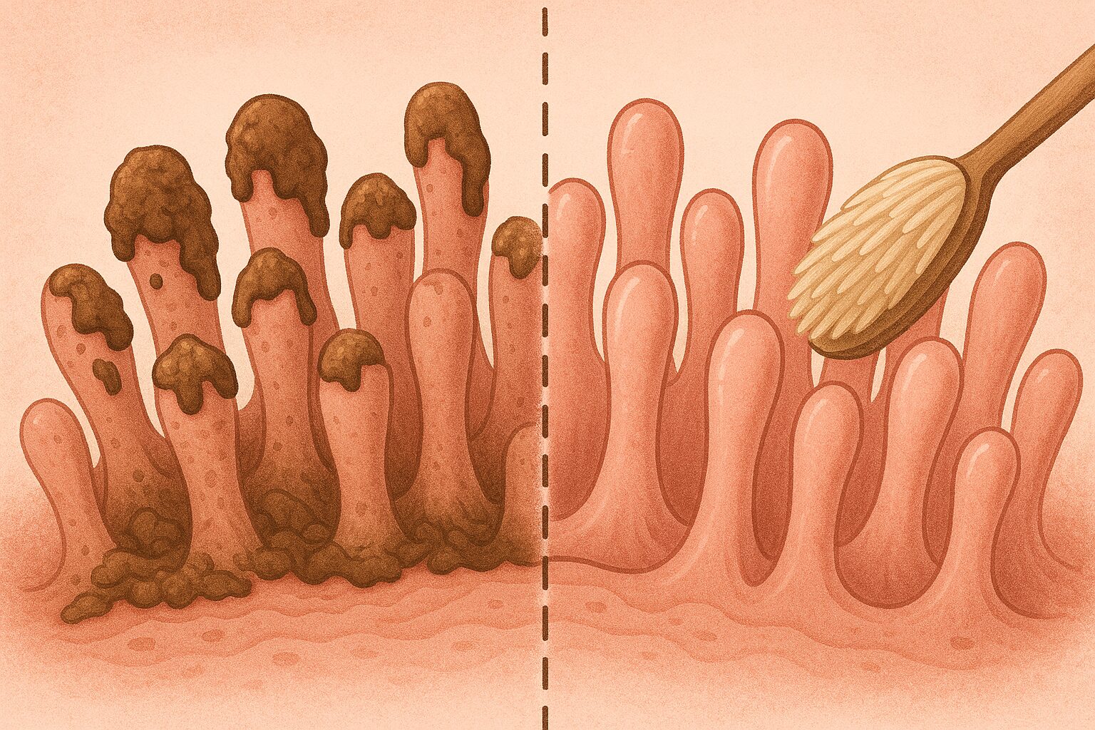 Vergleich von verklebten und gereinigten Darmzotten mit symbolischer Bürstenreinigung