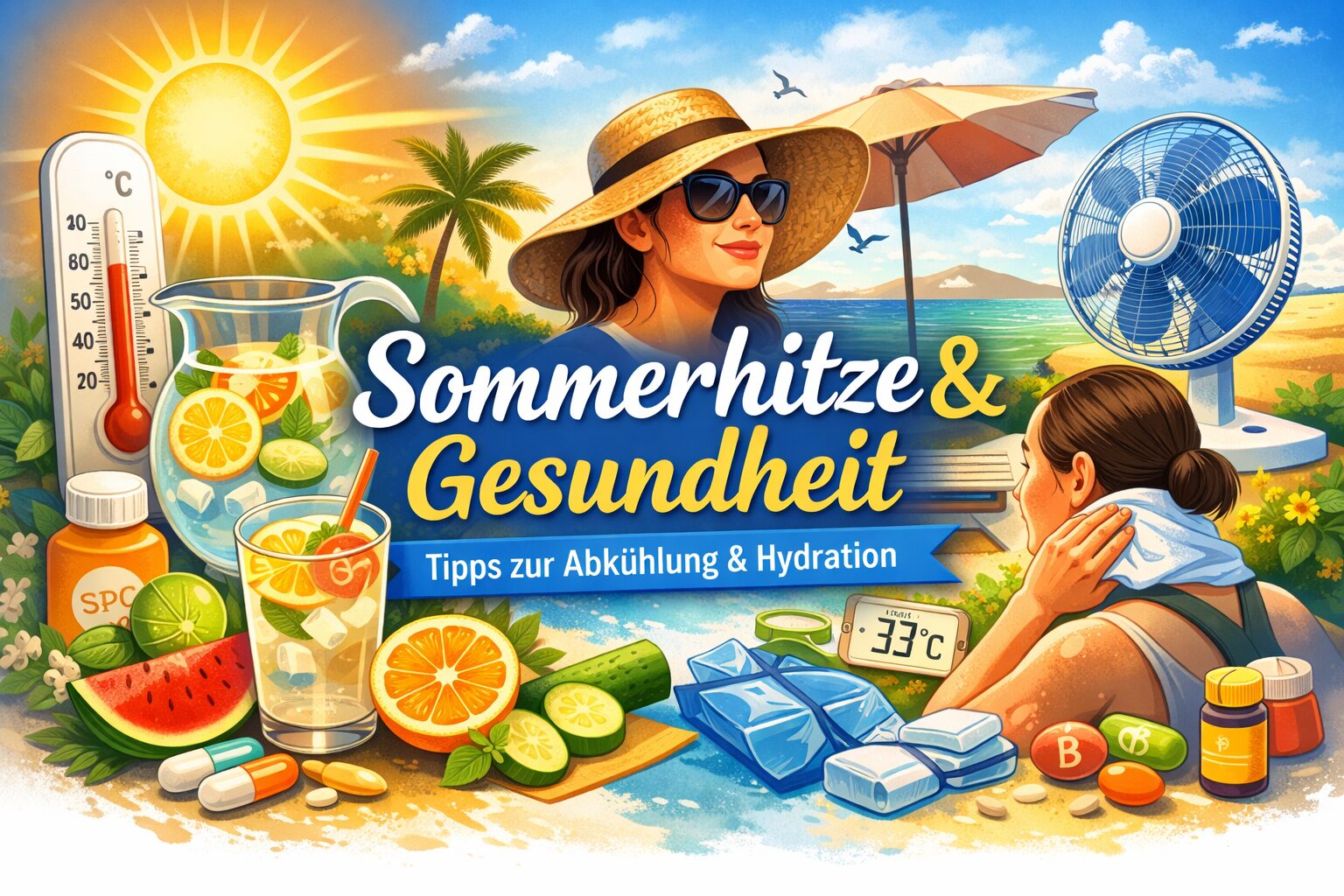 Du betrachtest gerade Sommerhitze & Gesundheit: Wie du deinen Körper optimal schützt – Hydration, Kühlung & kluge Strategien